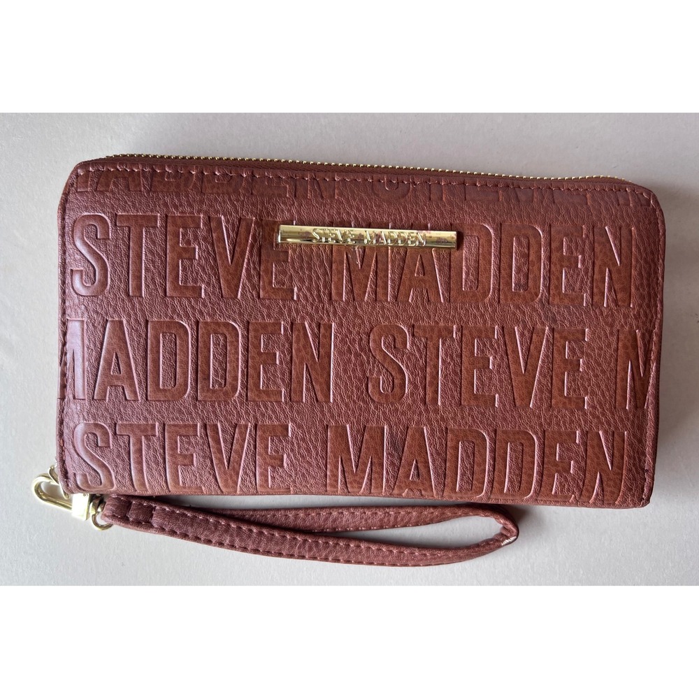 Steve Madden Cognac Brown Embossed Logo Zip Around Wristlet Wallet Gold Hardware